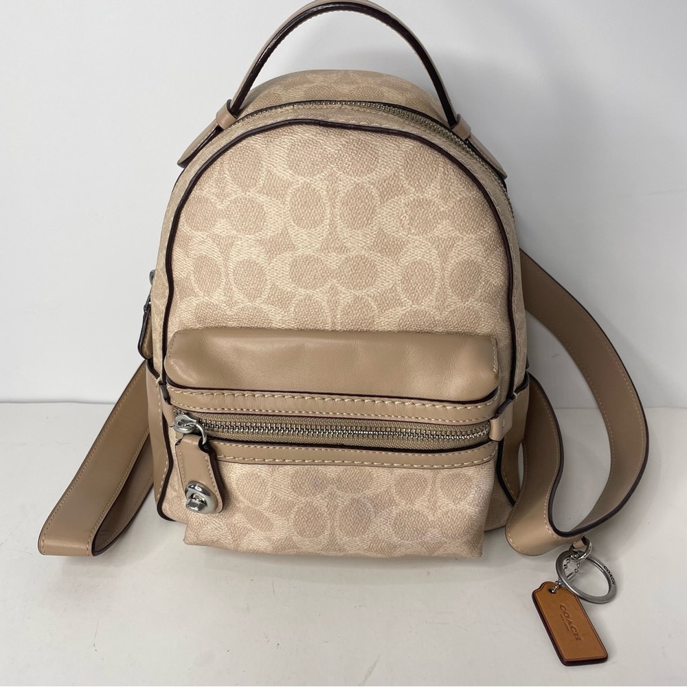 Coach Campus Backpack 23 Beige Leather & C Signature Canvas + Bifold Photo